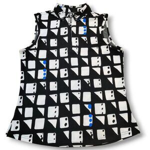 DKNY Golf Sleeveless Collared Top Quarter Zip Geometric Black Blue White Small